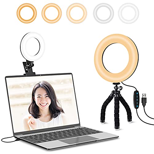 LEDリングライト 6.3インチ【Kimwood 革新モデル】リングライト 三脚 クリップ式 女優ライト 卓上 パソコン 高輝度 5色モード リモートワーク ライト 照明 撮影 360度回転可能 USB給電 zoom/web会議/オンライン授業/ビデオ/生放送/自撮り/美容化粧