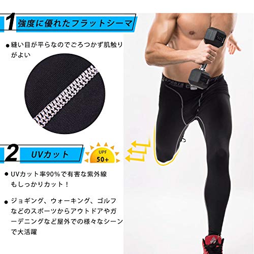 Nesseo スポーツタイツ メンズ コンプレッション ロング タイツ 3枚セット パワーストレッチ レギンス アンダー UVカット 吸汗 速乾 防寒 3333*3-blk-L