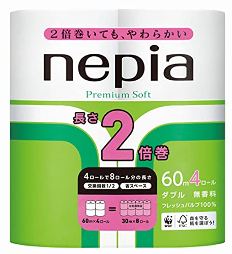 ネピア プレミアムソフト トイレットロール 2倍巻き4ロール ダブル 無香料(2枚重ね 60m巻)